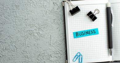 Carnet quadrillé ouvert avec un stylo, des trombones, des pinces noires et une étiquette bleue portant l’inscription « BUSINESS »