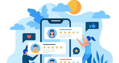 Illustration de personnes laissant des avis et notes en ligne sur un smartphone.