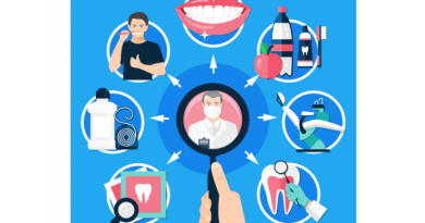 Illustration montrant un dentiste et des éléments liés à l’hygiène et aux soins dentaires.