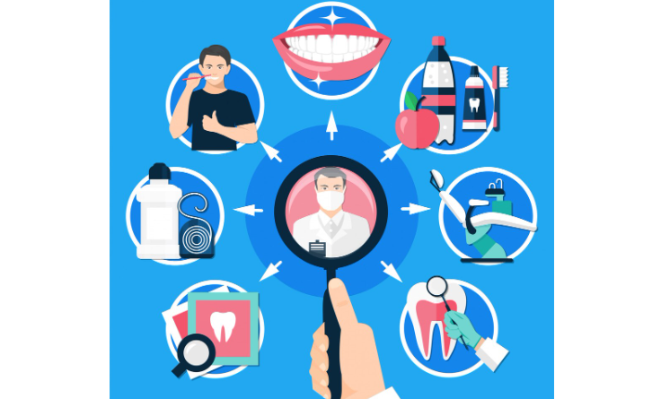 Illustration montrant un dentiste et des éléments liés à l’hygiène et aux soins dentaires.