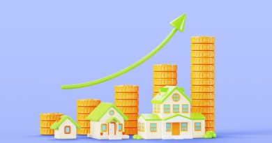 Illustration 3D de maisons et piles de pièces avec une flèche ascendante