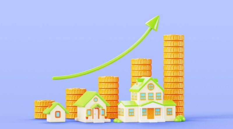 Illustration 3D de maisons et piles de pièces avec une flèche ascendante