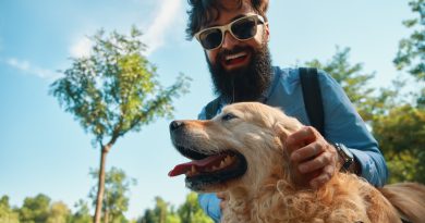 Un homme barbu souriant avec des lunettes de soleil caresse son chien Golden Retriever en extérieur sous un ciel bleu