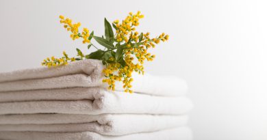 Une pile de serviettes de bain blanches et propres, soigneusement pliées sur un fond neutre et épuré. Un petit bouquet de fleurs sauvages jaunes et vertes est délicatement posé sur le dessus de la pile