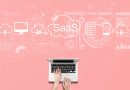 Une personne utilise un ordinateur portable sur un fond rose. Au-dessus de l'ordinateur, un graphique numérique montre des nuages avec le mot « SaaS » (Logiciel en tant que Service) et d'autres symboles technologiques.