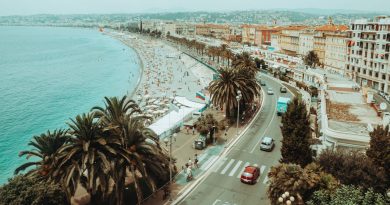 la Promenade des Anglais bordée de palmiers, la circulation automobile, la plage fréquentée et la mer d'un bleu éclatant.