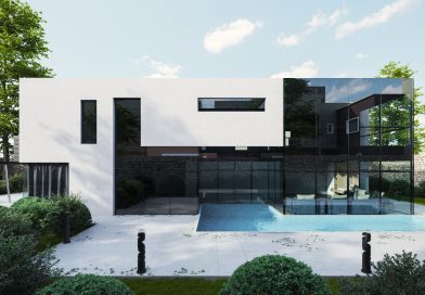 Façade d'une villa contemporaine avec piscine, terrasse claire et jardin structuré.