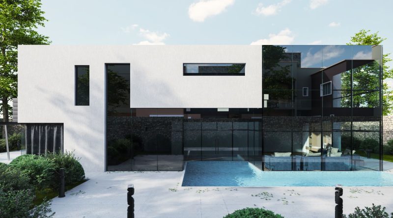 Façade d'une villa contemporaine avec piscine, terrasse claire et jardin structuré.